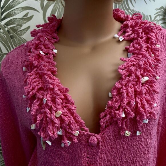 Vtg Cardigan Sweater Pink Fringe Mother Of Pearl Barbiecore Coquette feminine L - Picture 2 of 14